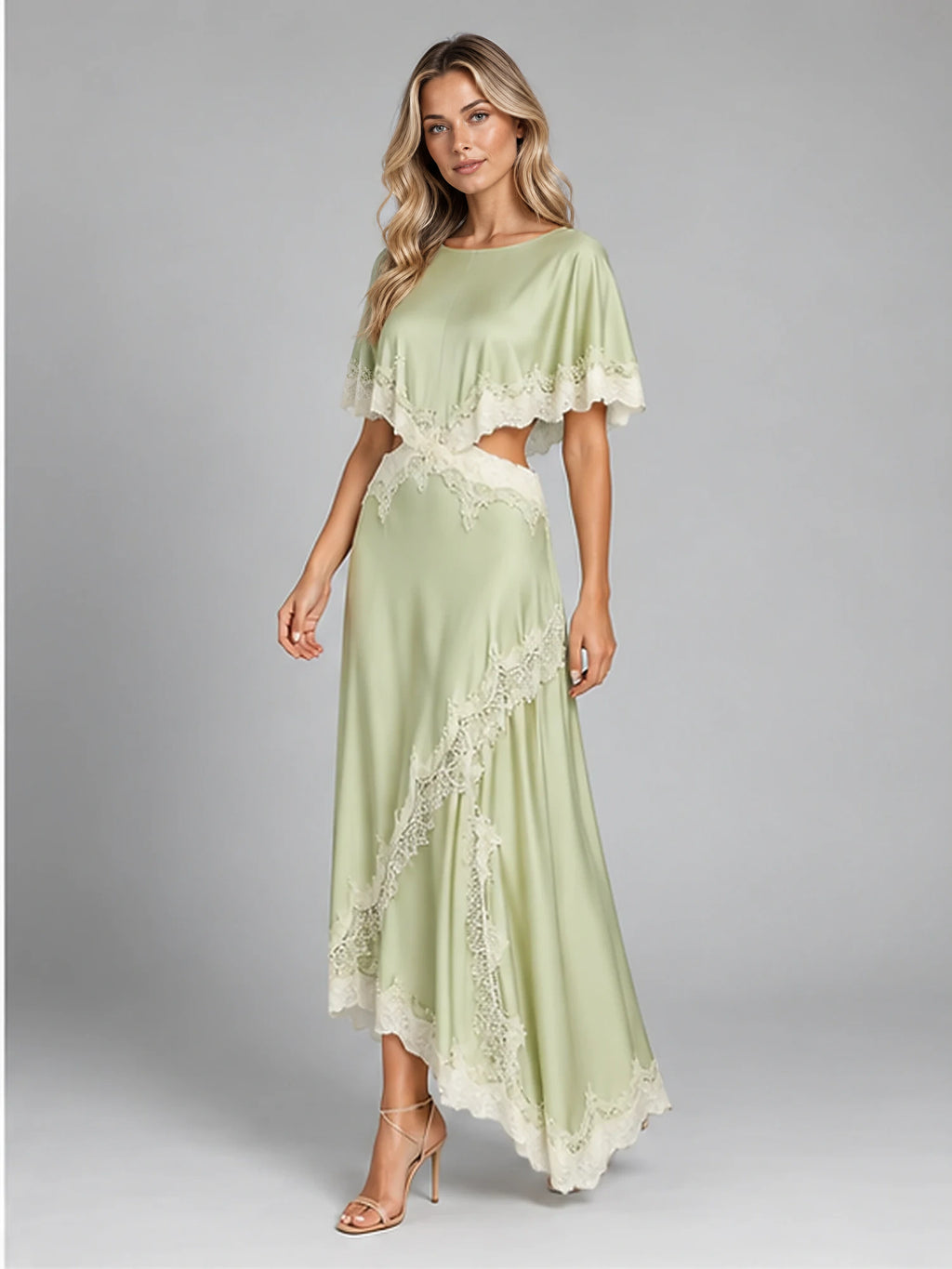 Women's Satin Two-Piece Dress – Asymmetric Lace Hem in Light Green — alternate view