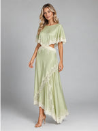 Women's Satin Two-Piece Dress – Asymmetric Lace Hem in Light Green — alternate view