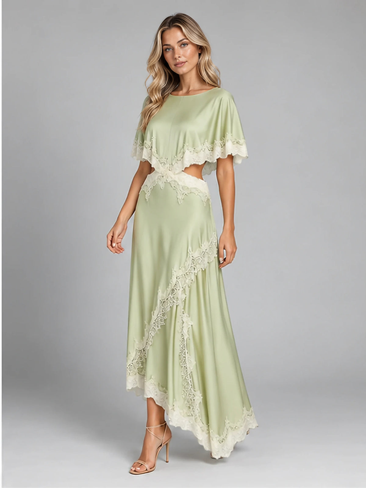 Women's Satin Two-Piece Dress – Asymmetric Lace Hem in Light Green — alternate view