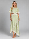 Women's Satin Two-Piece Dress – Asymmetric Lace Hem in Light Green — front view