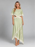 Women's Satin Two-Piece Dress – Asymmetric Lace Hem in Light Green — front view