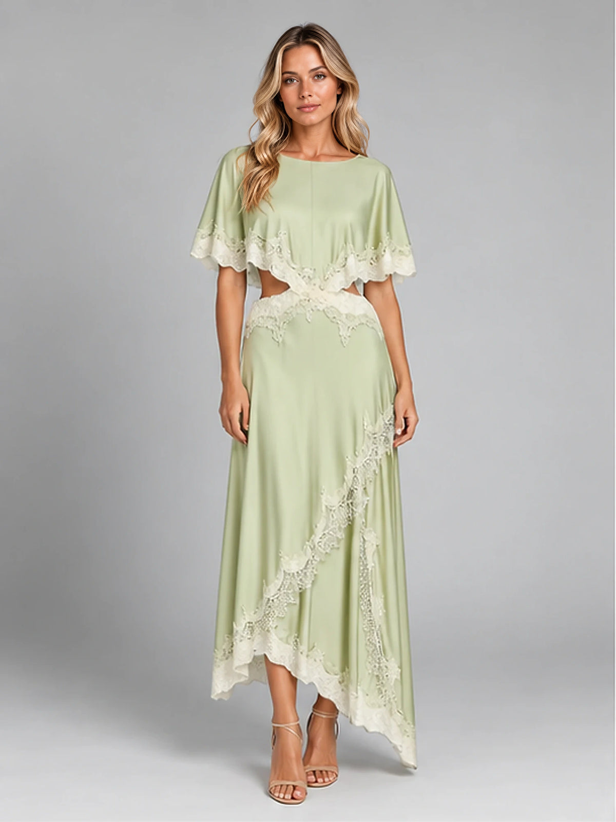 Women's Satin Two-Piece Dress – Asymmetric Lace Hem in Light Green — front view