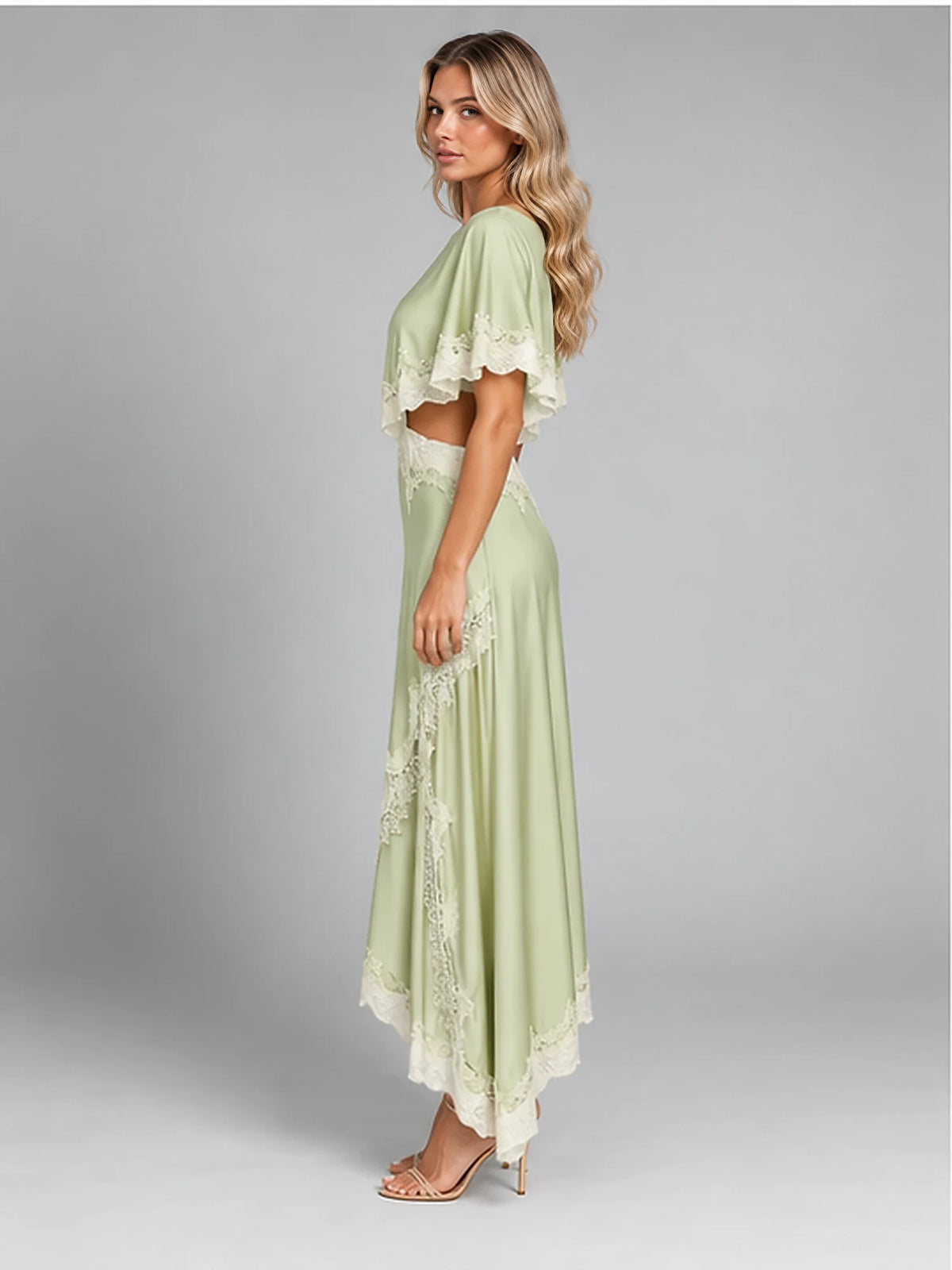 Women's Satin Two-Piece Dress – Asymmetric Lace Hem in Light Green — side view