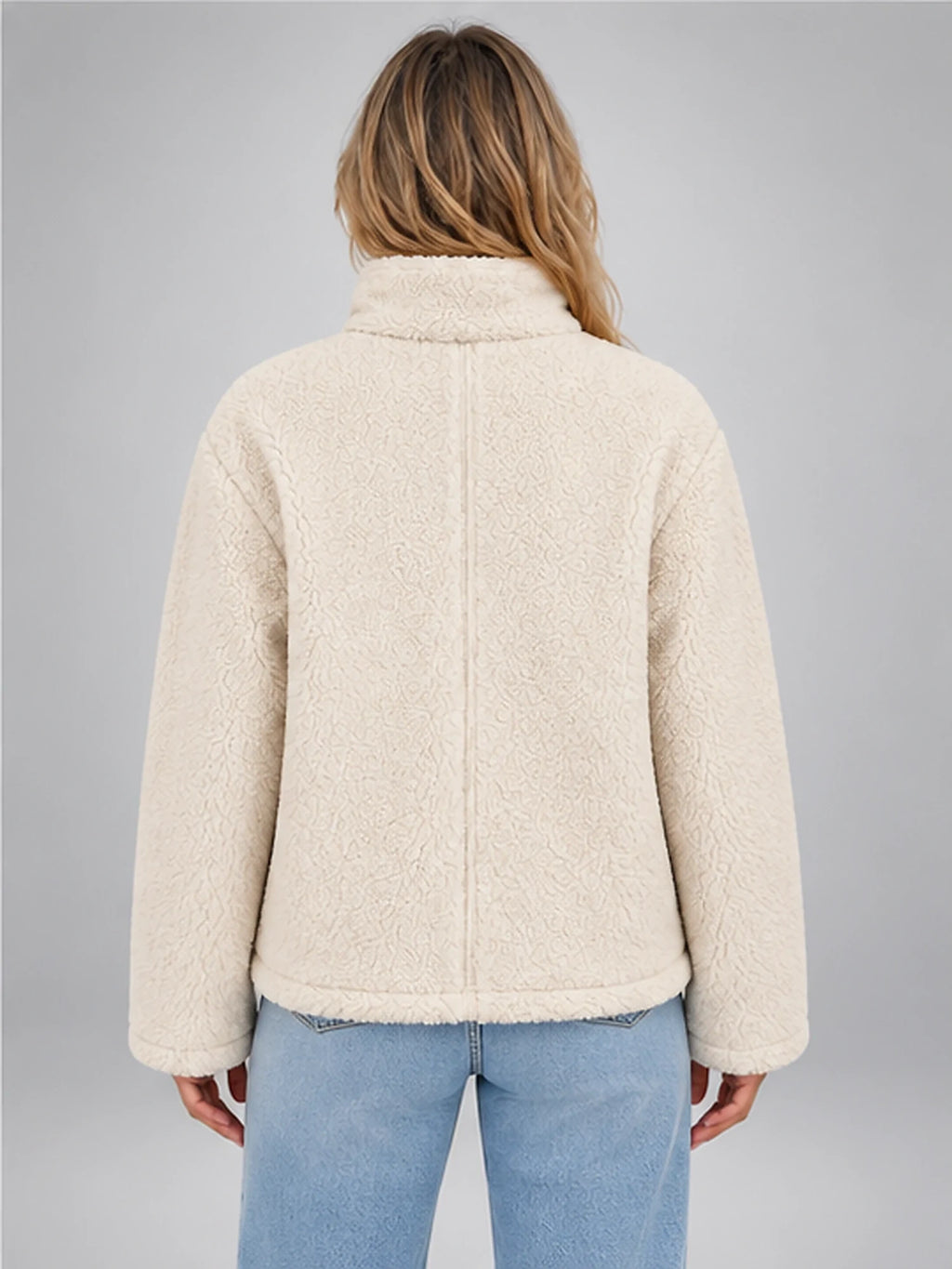 Women's Sherpa Jacket – Funnel Neck Zip-Up in Ivory — back view