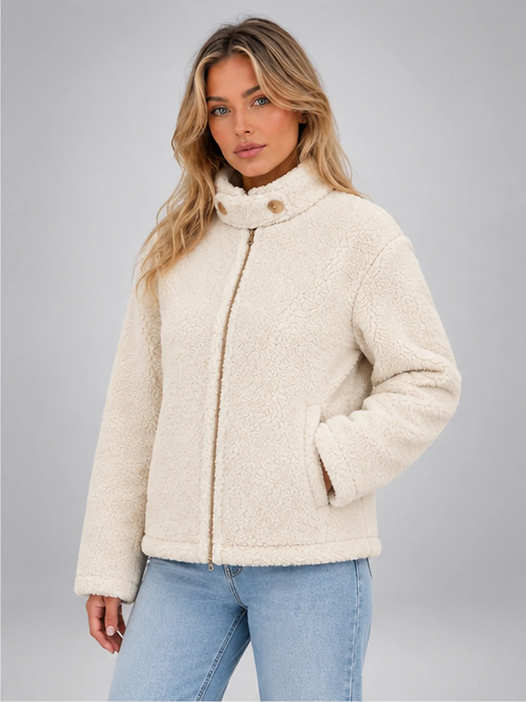 Women's Sherpa Jacket – Funnel Neck Zip-Up in Ivory — alternate view