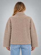 Women's Sherpa Jacket – Relaxed Zip-Up in Taupe — back view