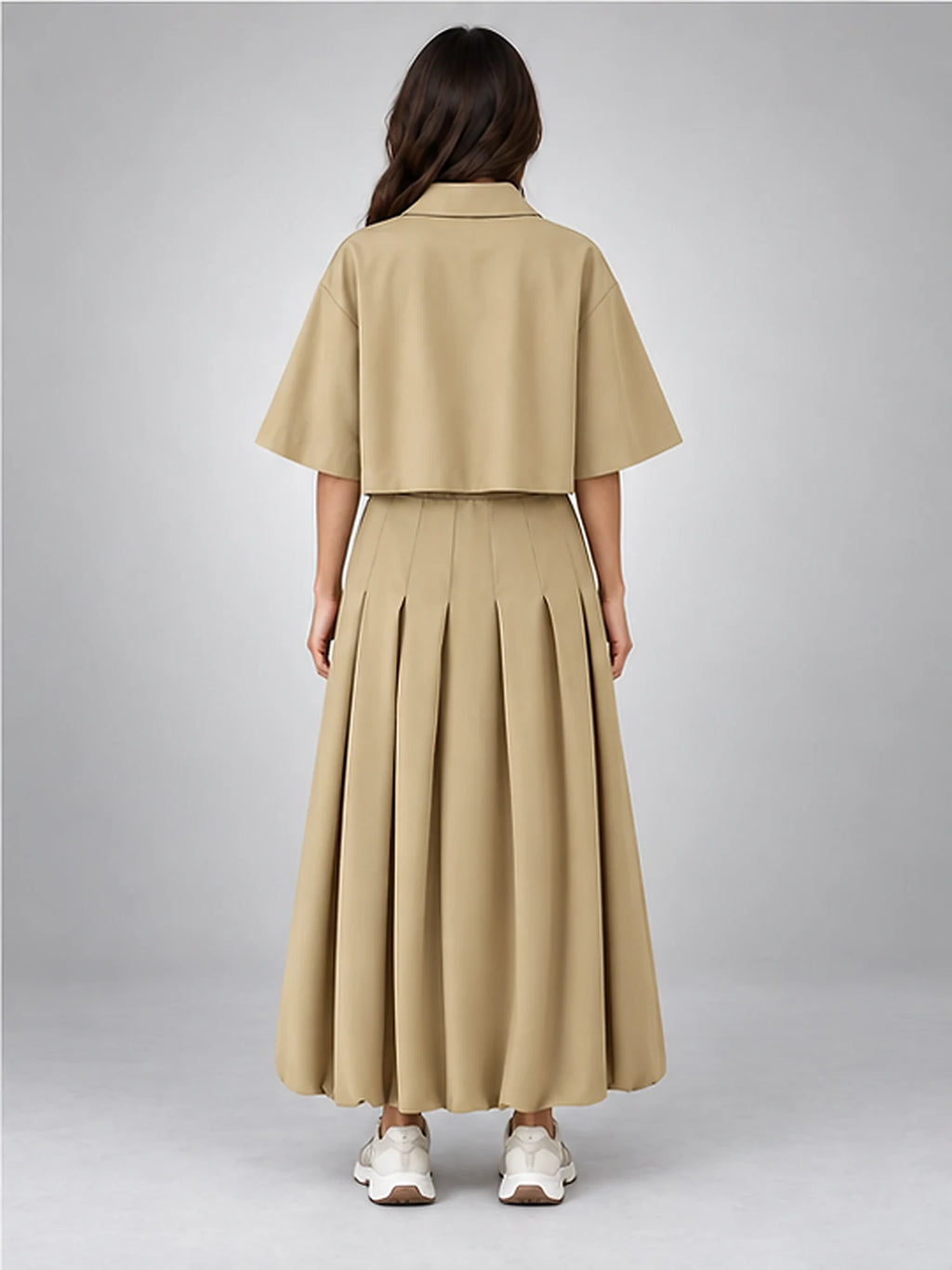 Women's Skirt Co-Ord – Cropped Jacket and Midi Skirt in Khaki — back view