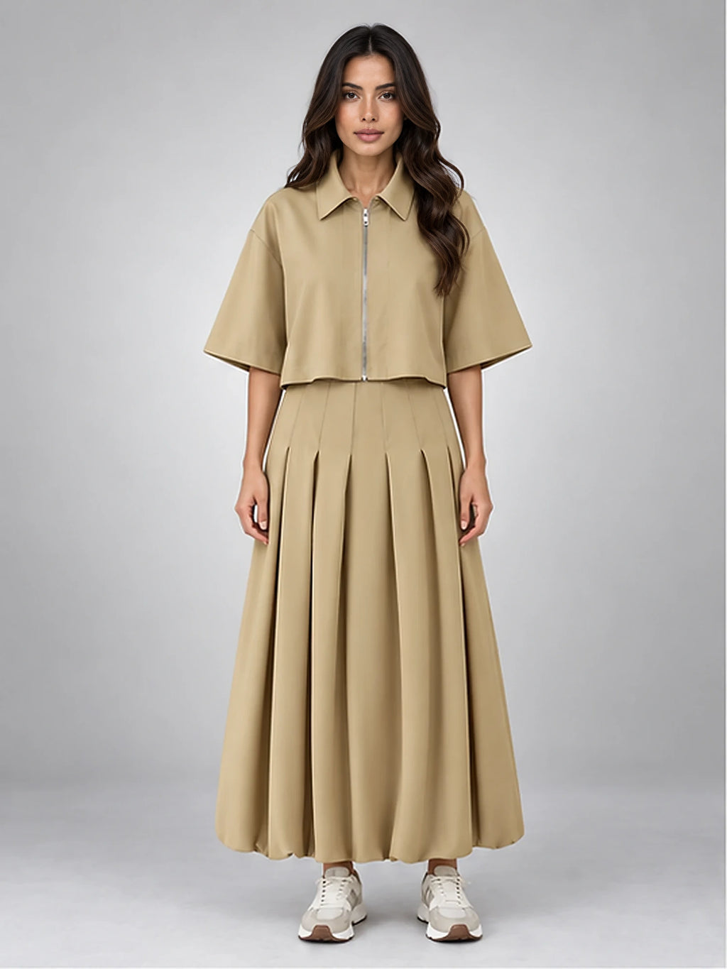 Women's Skirt Co-Ord – Cropped Jacket and Midi Skirt in Khaki — front view