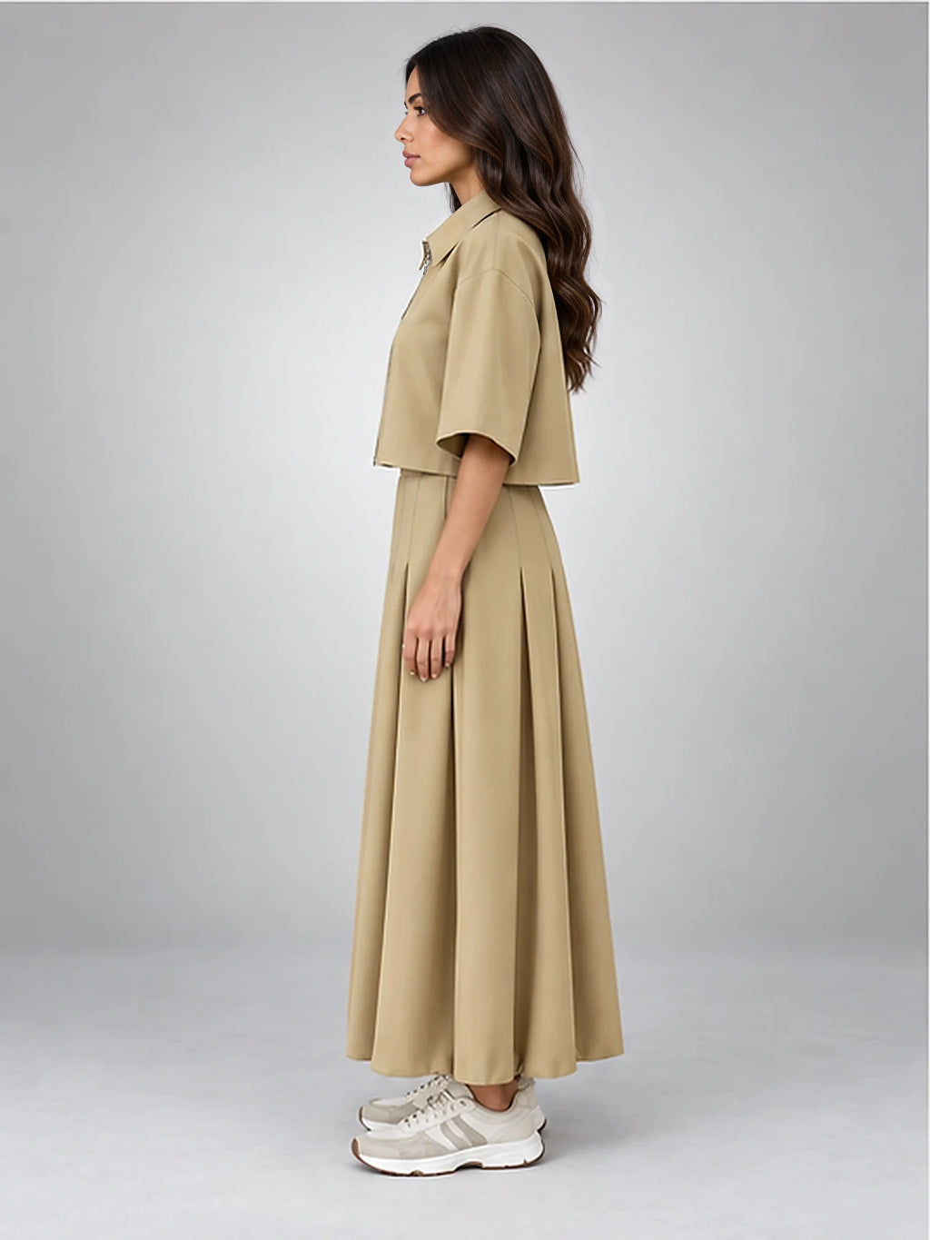Women's Skirt Co-Ord – Cropped Jacket and Midi Skirt in Khaki — side view