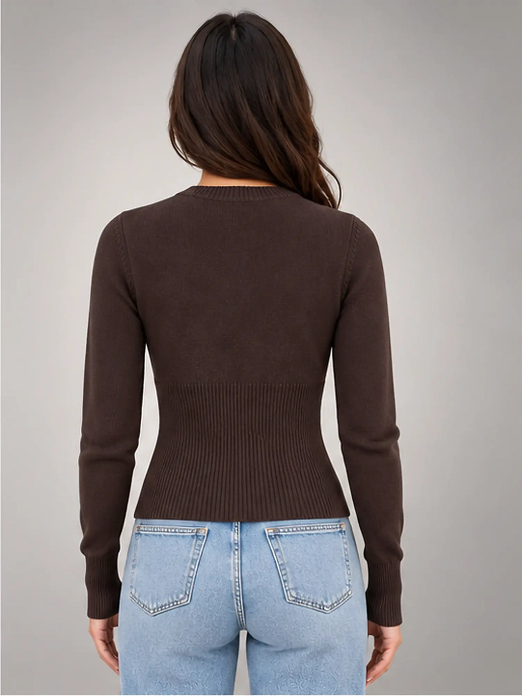 Women's Slim-Fit Knit Cardigan – Long Sleeve in Brown — back view