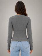 Women's Slim-Fit Knit Cardigan – Long Sleeve in Dark Grey — back view