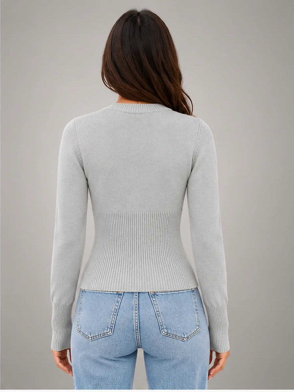 Women's Slim-Fit Knit Cardigan – Long Sleeve in Light Grey — back view
