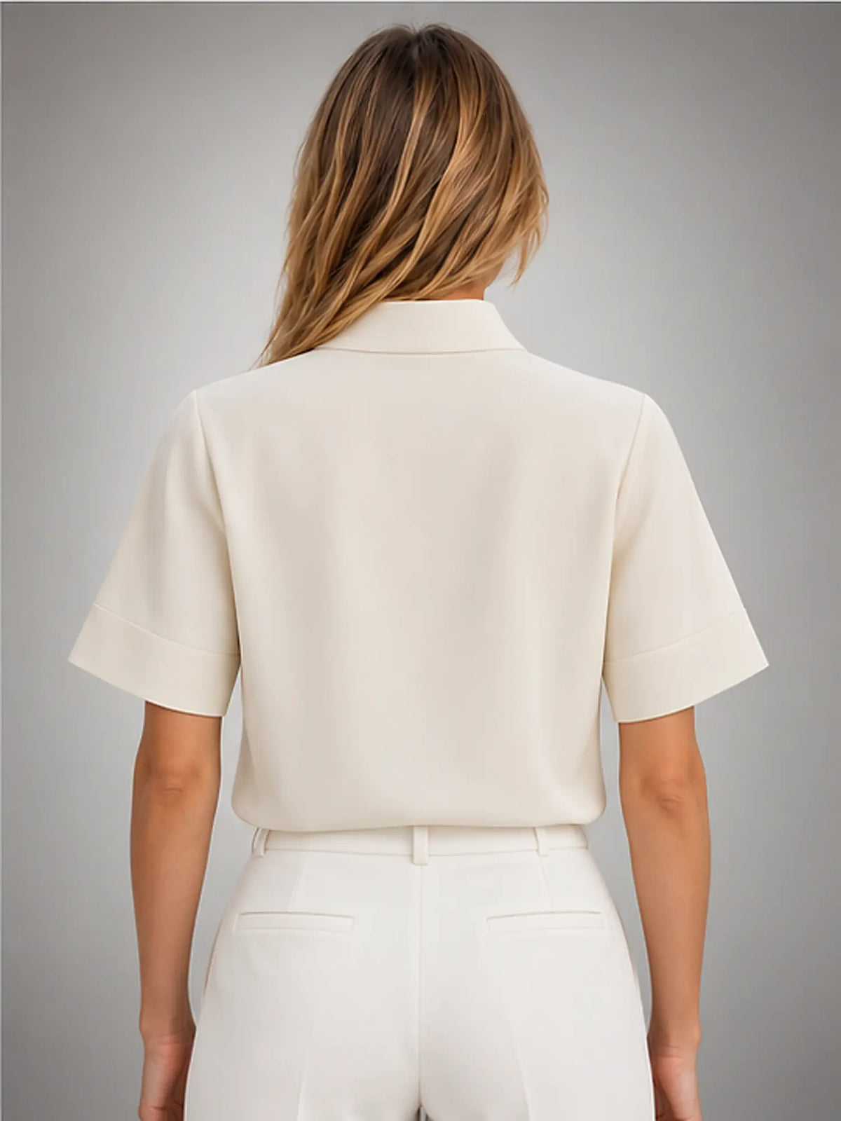 Women's Stand-Collar Chiffon Blouse – Short Sleeve in Beige — back view