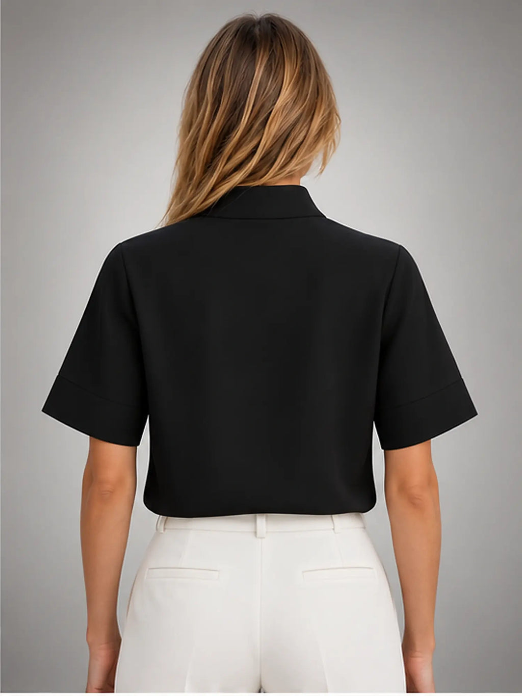 Women's Stand-Collar Chiffon Blouse – Short Sleeve in Black — back view