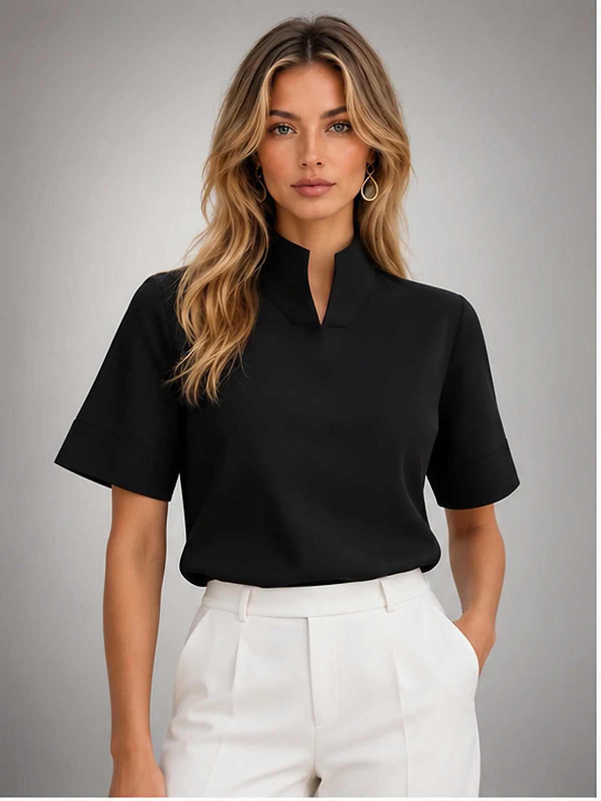 Women's Stand-Collar Chiffon Blouse – Short Sleeve in Black — front view