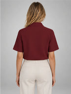 Women's Stand-Collar Chiffon Blouse – Short Sleeve in Burgundy — back view