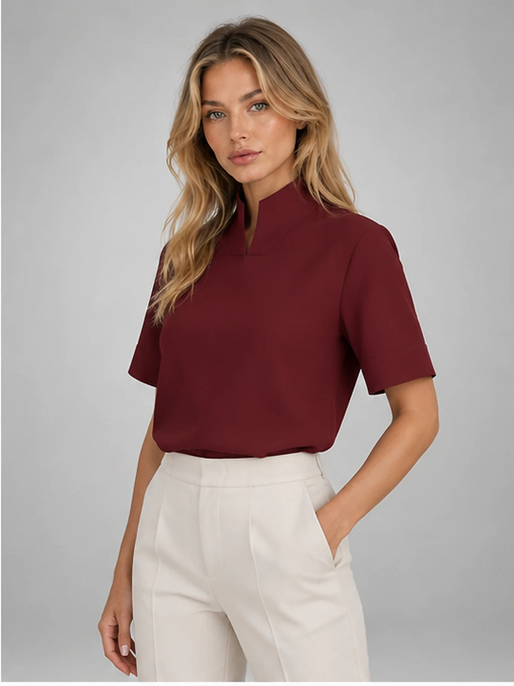 Women's Stand-Collar Chiffon Blouse – Short Sleeve in Burgundy — alternate view