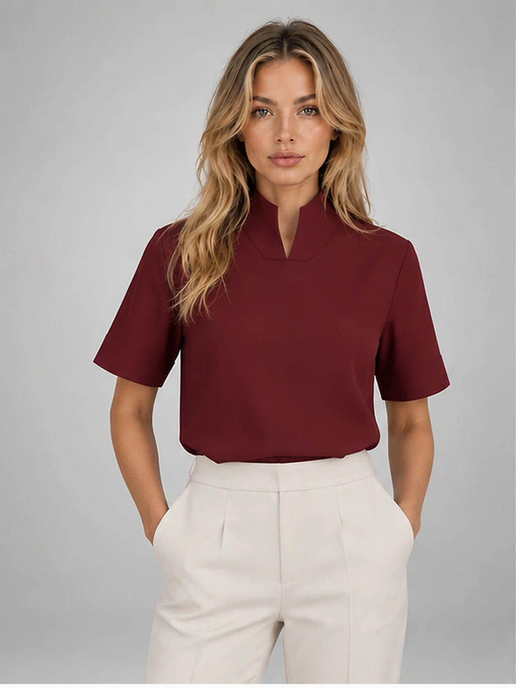 Women's Stand-Collar Chiffon Blouse – Short Sleeve in Burgundy — front view