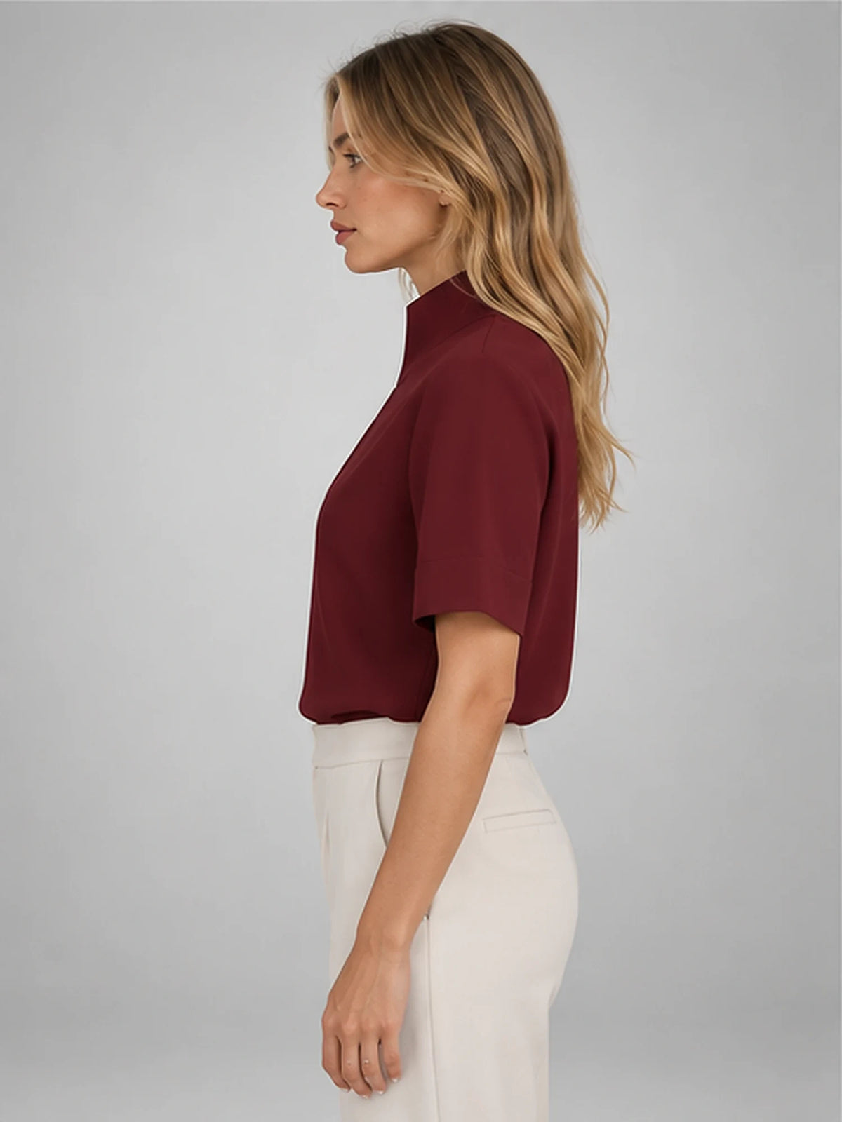 Women's Stand-Collar Chiffon Blouse – Short Sleeve in Burgundy — side view