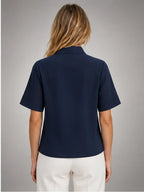 Women's Stand-Collar Chiffon Blouse – Short Sleeve in Navy — back view