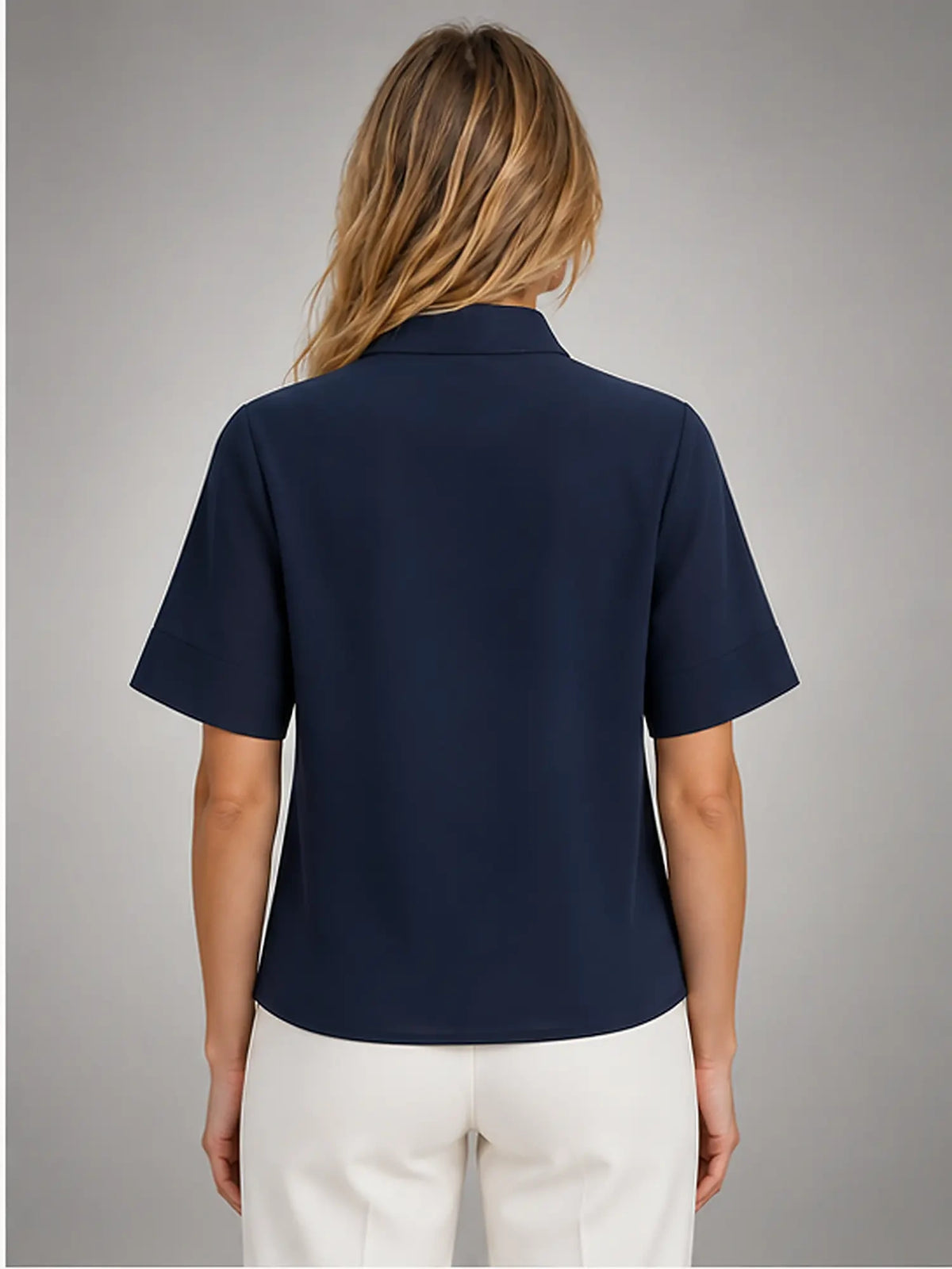 Women's Stand-Collar Chiffon Blouse – Short Sleeve in Navy — back view