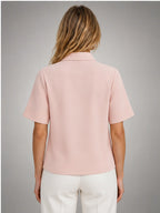 Women's Stand-Collar Chiffon Blouse – Short Sleeve in Pink — back view
