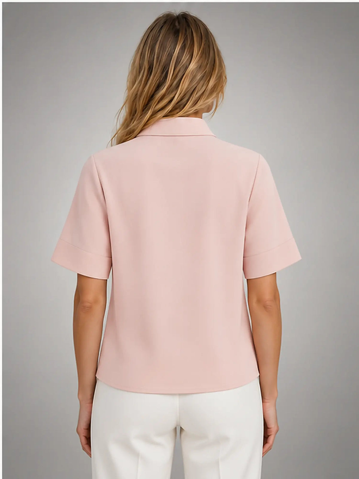 Women's Stand-Collar Chiffon Blouse – Short Sleeve in Pink — back view