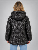 Women's Star Quilted Jacket – Glossy Hooded Finish in Black — back view