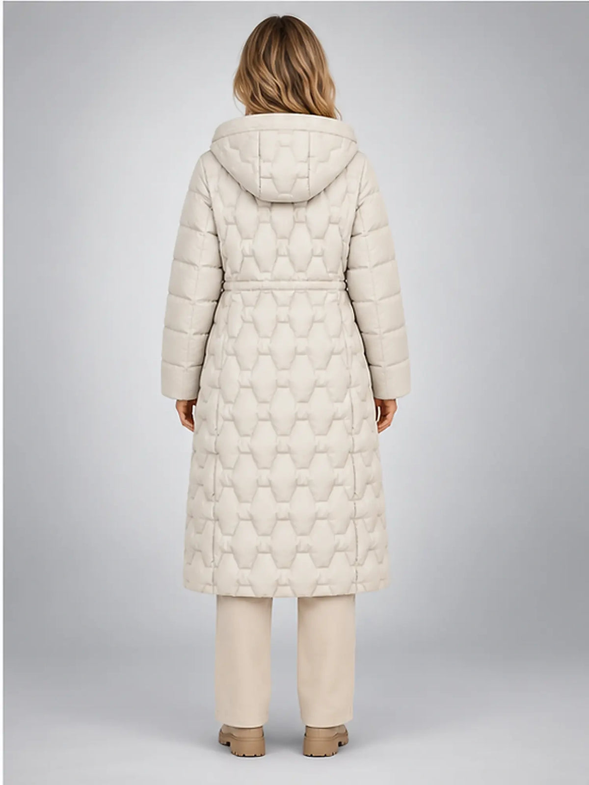 Women's Star-Quilted Puffer Coat – Long Hooded Length in Ivory — back view