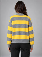 Women's Striped Polo Sweater – Vintage Relaxed Fit in Yellow Grey Stripe — back view