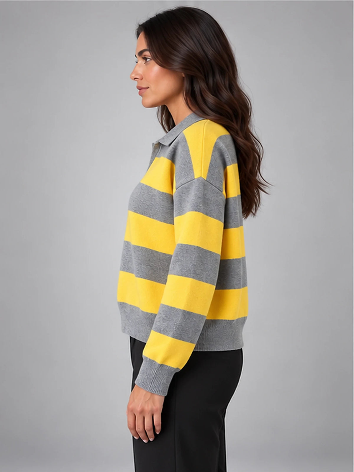 Women's Striped Polo Sweater – Vintage Relaxed Fit in Yellow Grey Stripe — side view