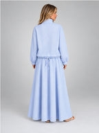 Women's Striped Skirt Co-Ord – Drawstring Jacket and Maxi Skirt in Blue Stripe — back view