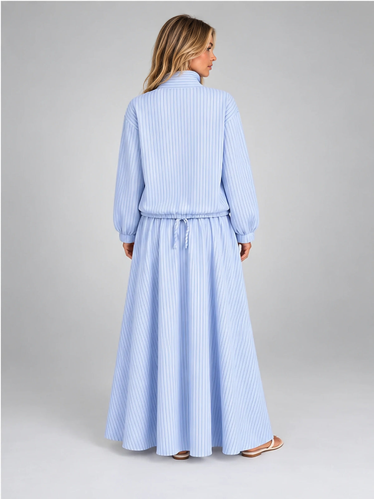 Women's Striped Skirt Co-Ord – Drawstring Jacket and Maxi Skirt in Blue Stripe — back view