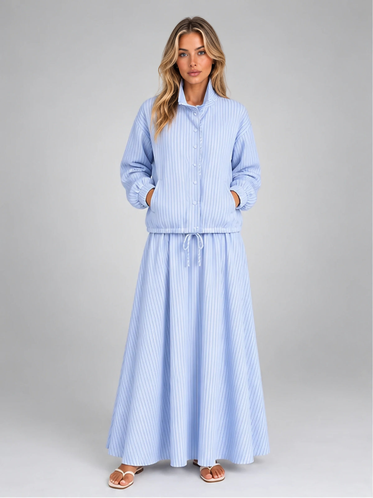 Women's Striped Skirt Co-Ord – Drawstring Jacket and Maxi Skirt in Blue Stripe — front view