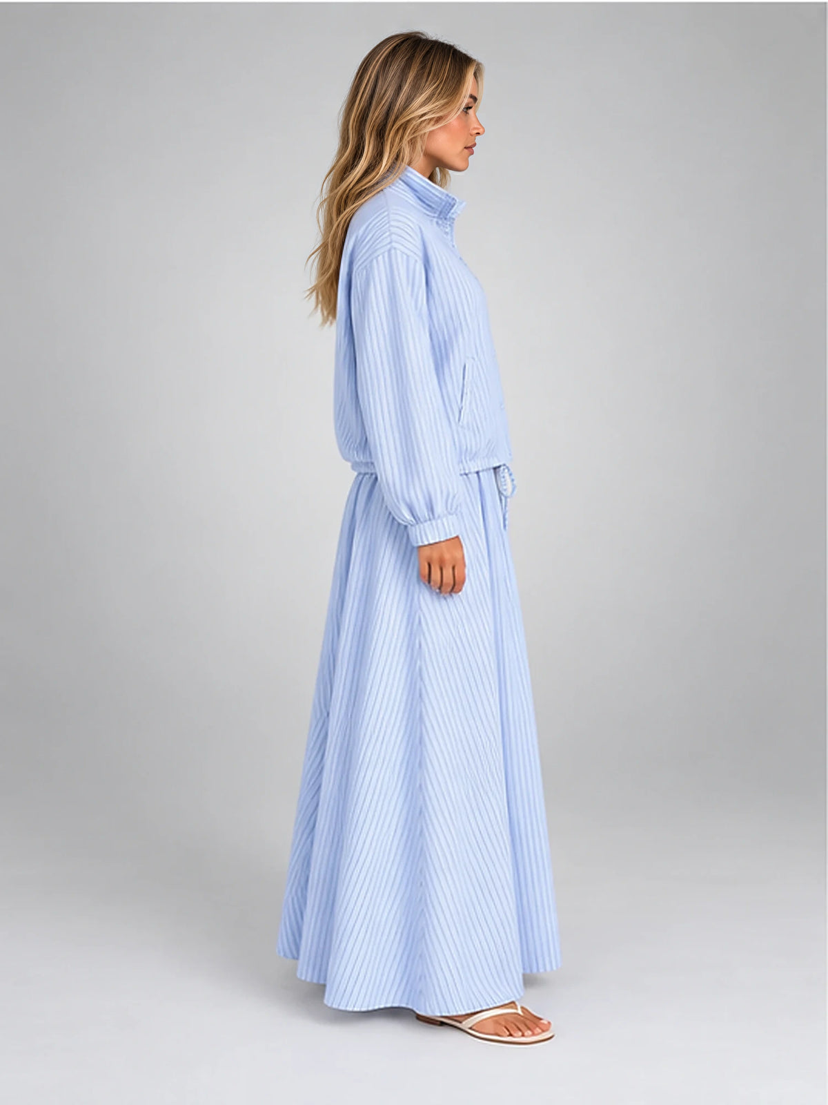 Women's Striped Skirt Co-Ord – Drawstring Jacket and Maxi Skirt in Blue Stripe — side view