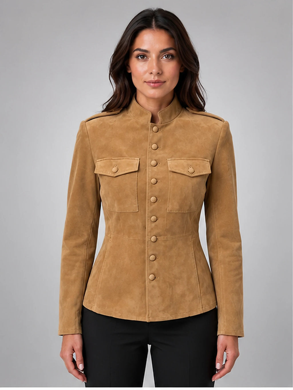 Women's Suede-Look Jacket – Cinched Utility Fit in Camel — front view