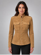 Women's Suede-Look Jacket – Cinched Utility Fit in Camel — front view