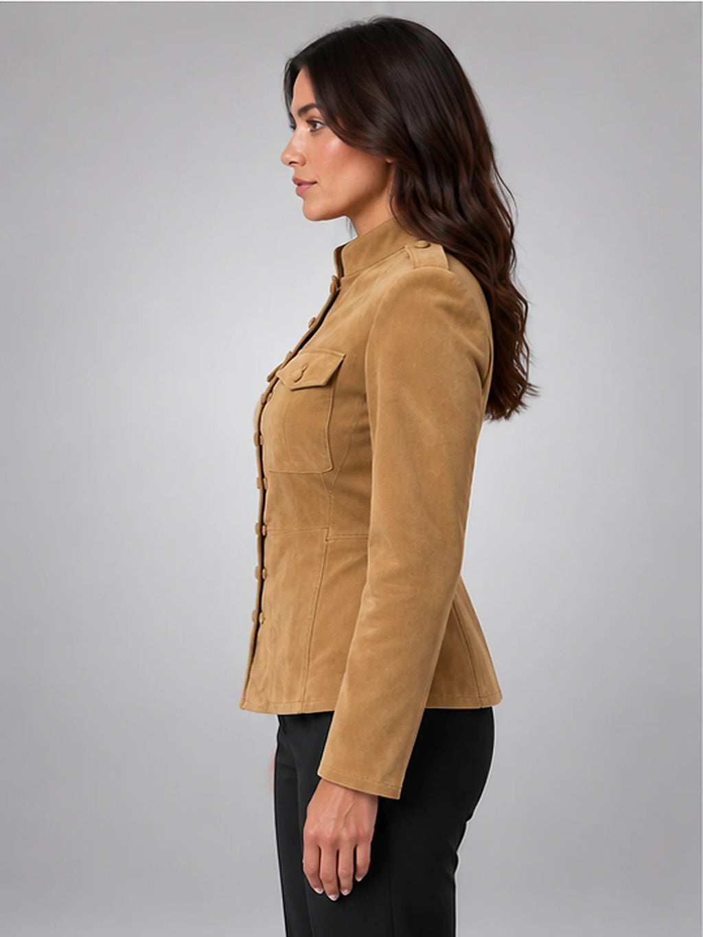 Women's Suede-Look Jacket – Cinched Utility Fit in Camel — side view