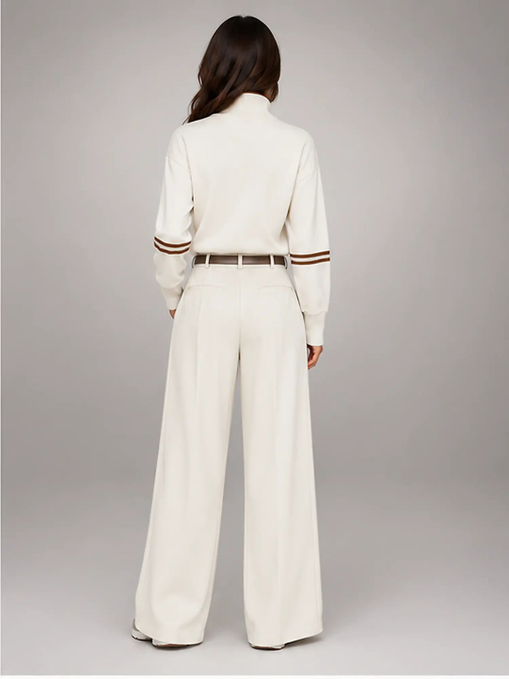 Women's Suit Trousers – Belted High Waist Wide Leg in Beige — back view