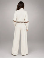 Women's Suit Trousers – Belted High Waist Wide Leg in Beige — back view