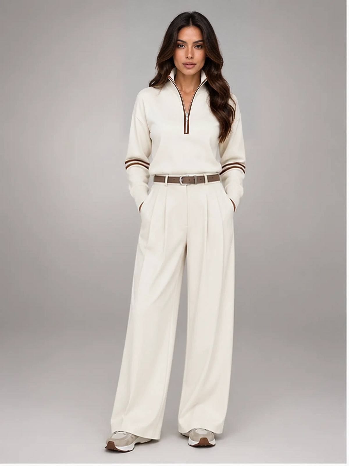Women's Suit Trousers – Belted High Waist Wide Leg in Beige — front view