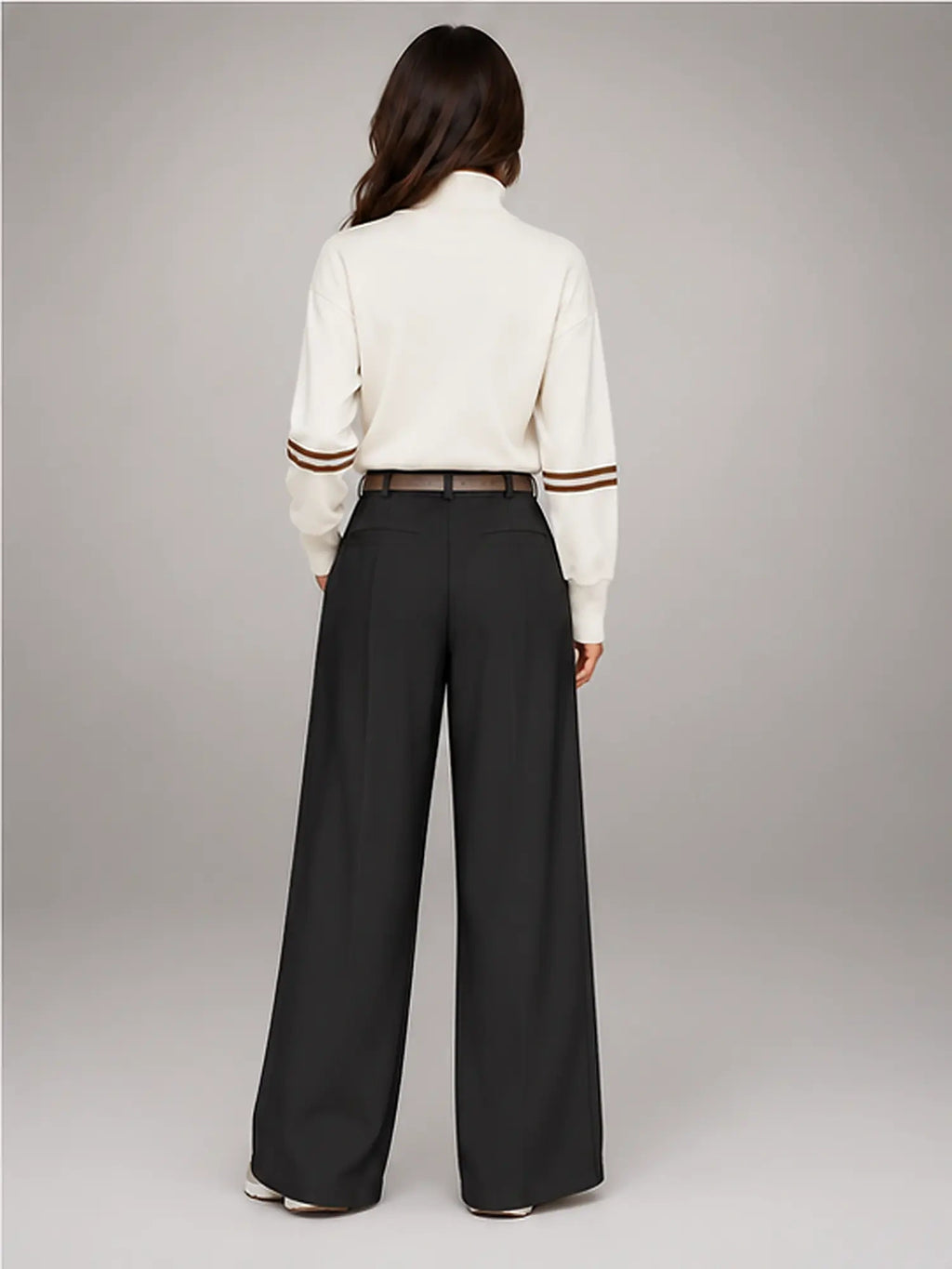 Women's Suit Trousers – Belted High Waist Wide Leg in Black — back view