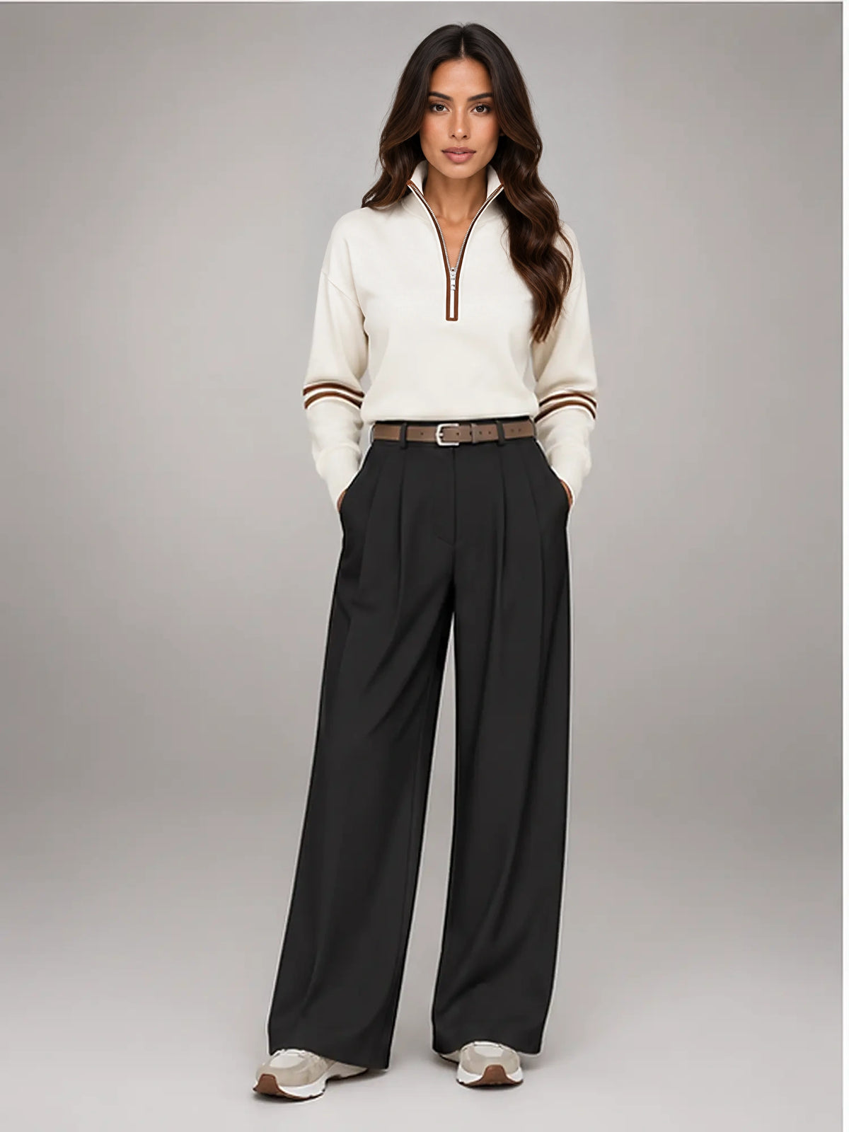 Women's Suit Trousers – Belted High Waist Wide Leg in Black — front view