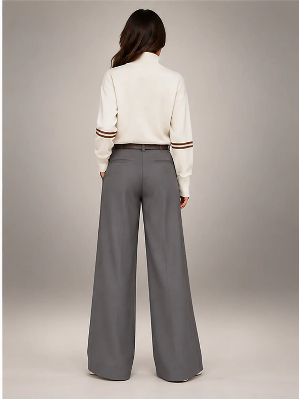 Women's Suit Trousers – Belted High Waist Wide Leg in Brown — back view