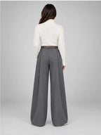 Women's Suit Trousers – Belted High Waist Wide Leg in Grey — back view