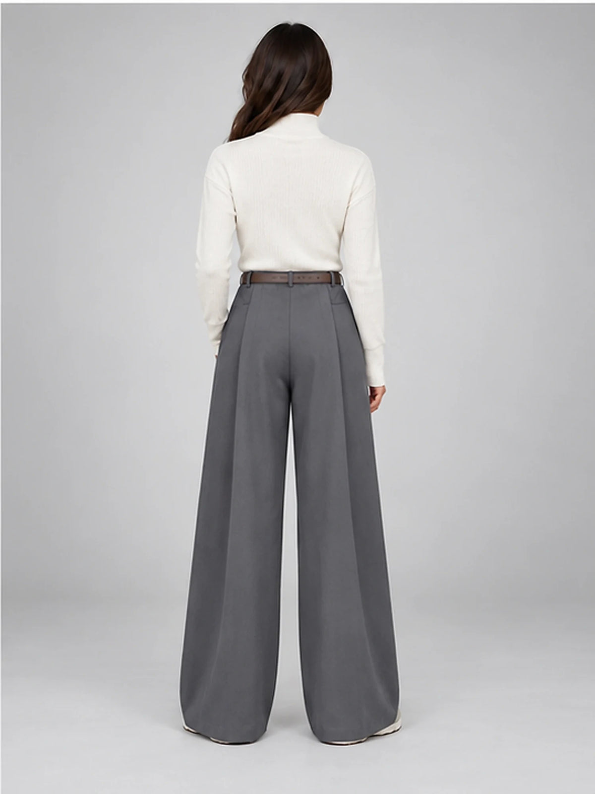 Women's Suit Trousers – Belted High Waist Wide Leg in Grey — back view