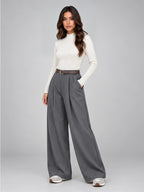 Women's Suit Trousers – Belted High Waist Wide Leg in Grey — alternate view