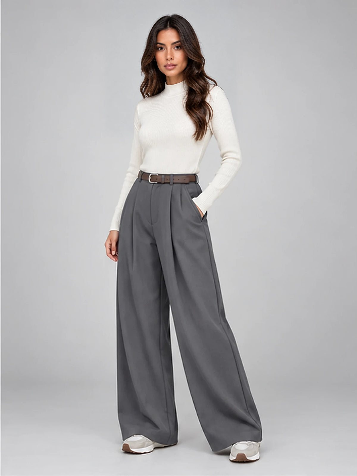 Women's Suit Trousers – Belted High Waist Wide Leg in Grey — alternate view