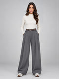 Women's Suit Trousers – Belted High Waist Wide Leg in Grey — front view