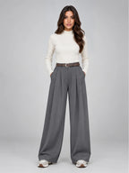 Women's Suit Trousers – Belted High Waist Wide Leg in Grey — front view